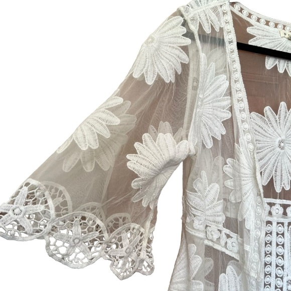 POL White Sheer Mesh Floral Embroidered Long Line Swimsuit Cover Up One - Picture 3 of 8